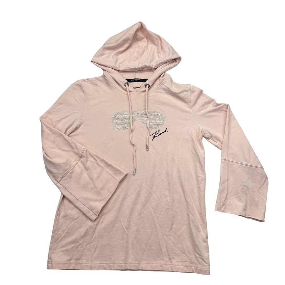 Karl Lagerfeld Blush Pink Embellished Sunglasses Logo Hoodie Sweatshirt M NWOT - Picture 1 of 13